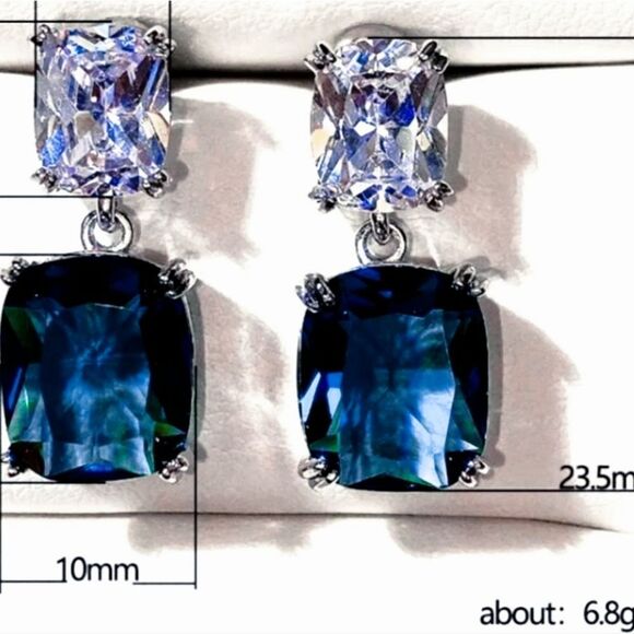 Deep Sea Blue & White Dangle Stud Sapphire Earrings on 925 Silver - Picture 3 of 7